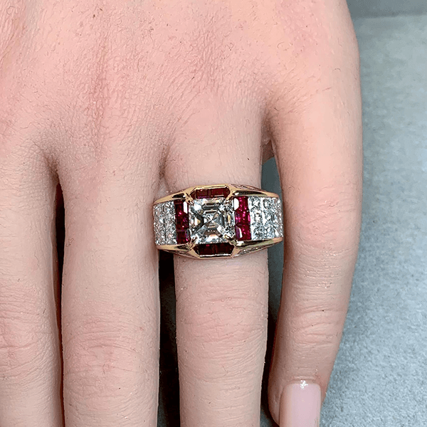 Art Deco Yellow Gold Halo Asscher Cut White & Ruby Sapphire Engagement Ring
