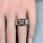 Art Deco Yellow Gold Halo Asscher Cut White & Ruby Sapphire Engagement Ring