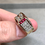 Art Deco Yellow Gold Halo Asscher Cut White & Ruby Sapphire Engagement Ring
