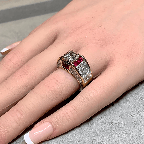Art Deco Yellow Gold Halo Asscher Cut White & Ruby Sapphire Engagement Ring