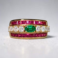 Vintage Yellow Gold Oval Cut Emerald & Ruby Sapphire Cocktail Ring