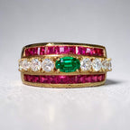 Vintage Yellow Gold Oval Cut Emerald & Ruby Sapphire Cocktail Ring