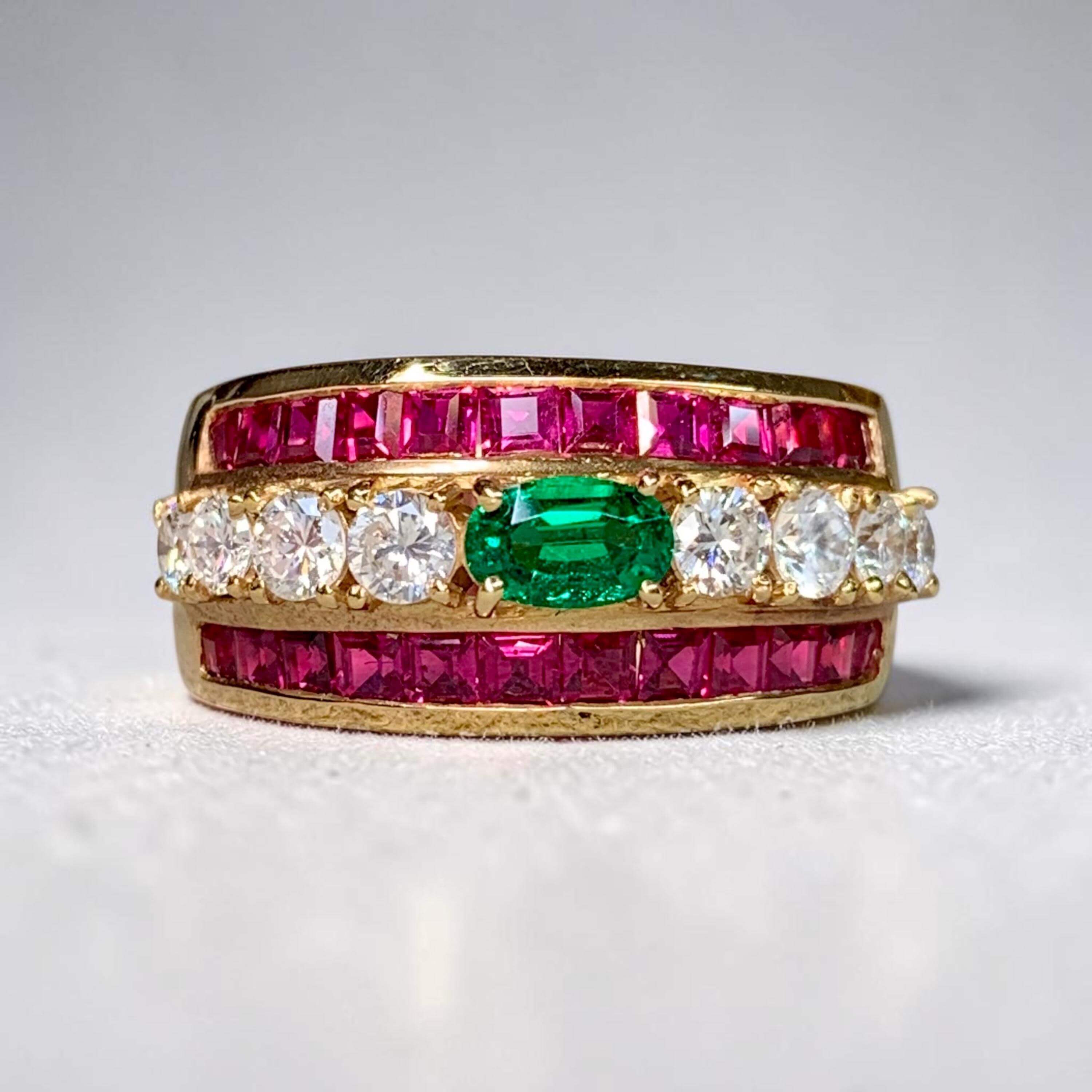 Vintage Yellow Gold Oval Cut Emerald & Ruby Sapphire Cocktail Ring