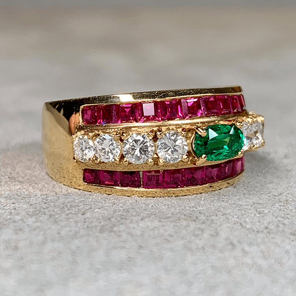 Vintage Yellow Gold Oval Cut Emerald & Ruby Sapphire Cocktail Ring