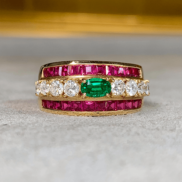 Vintage Yellow Gold Oval Cut Emerald & Ruby Sapphire Cocktail Ring