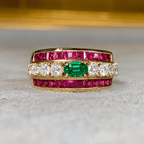 Vintage Yellow Gold Oval Cut Emerald & Ruby Sapphire Cocktail Ring