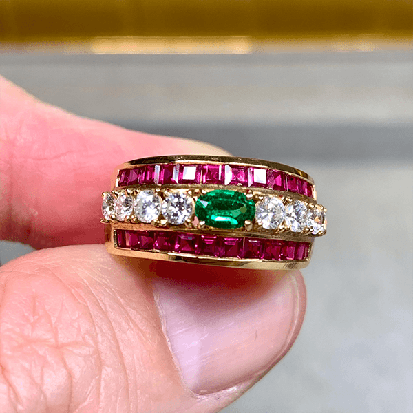 Vintage Yellow Gold Oval Cut Emerald & Ruby Sapphire Cocktail Ring
