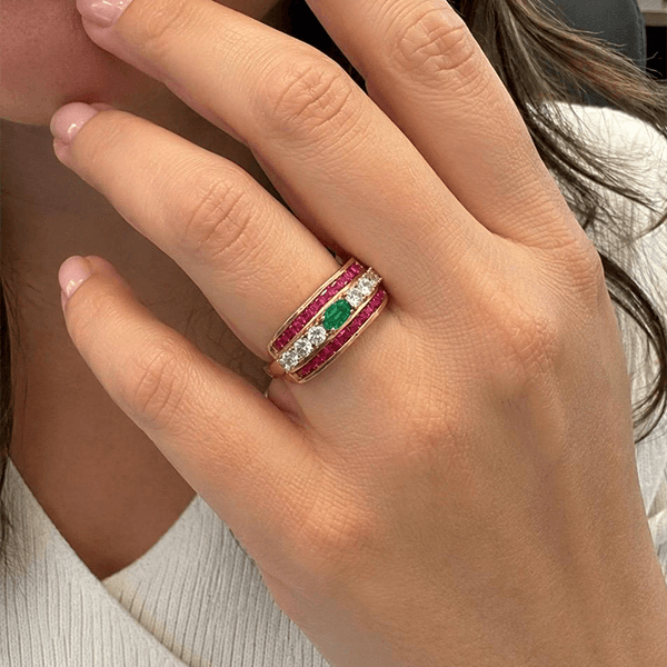 Vintage Yellow Gold Oval Cut Emerald & Ruby Sapphire Cocktail Ring
