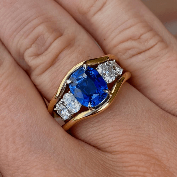 Yellow Gold Three Stone Oval Cut Blue & White Sapphire Engagement Ring