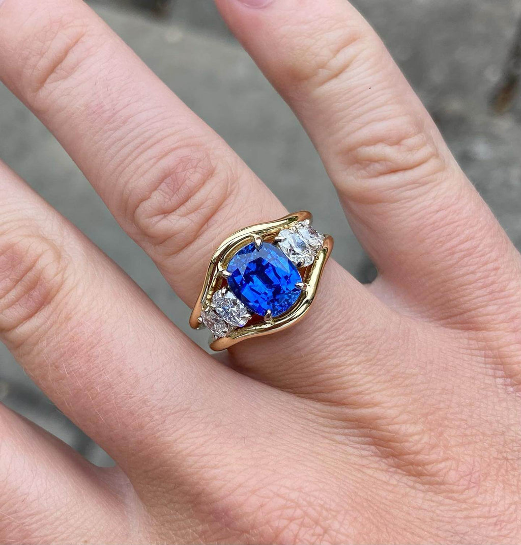 Yellow Gold Three Stone Oval Cut Blue & White Sapphire Engagement Ring