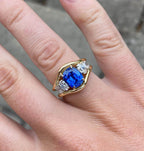 Yellow Gold Three Stone Oval Cut Blue & White Sapphire Engagement Ring