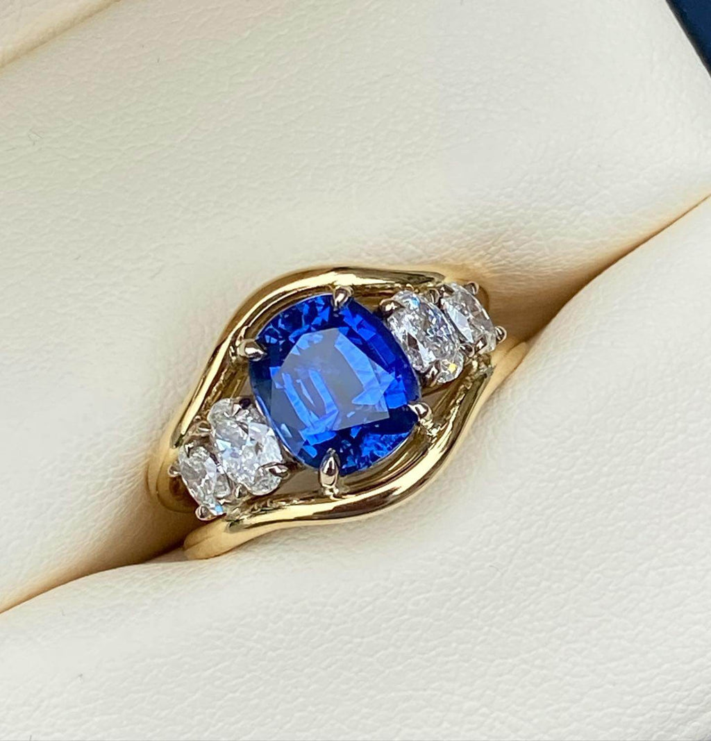 Yellow Gold Three Stone Oval Cut Blue & White Sapphire Engagement Ring
