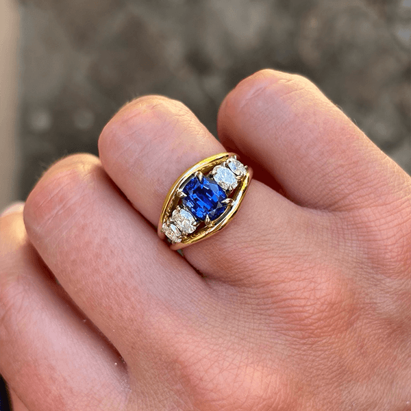 Yellow Gold Three Stone Oval Cut Blue & White Sapphire Engagement Ring