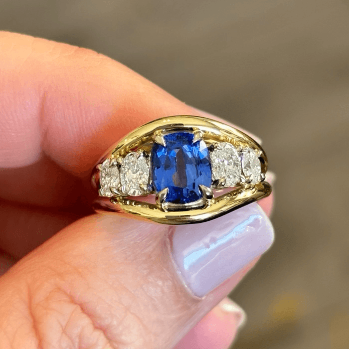 Yellow Gold Three Stone Oval Cut Blue & White Sapphire Engagement Ring