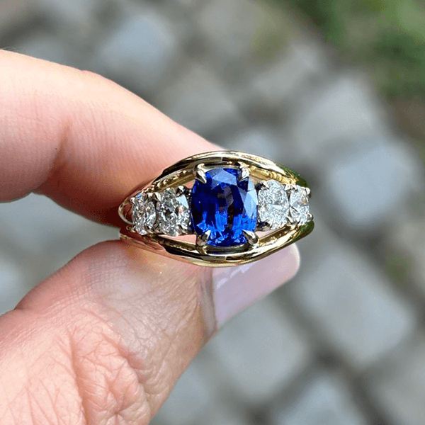 Yellow Gold Three Stone Oval Cut Blue & White Sapphire Engagement Ring