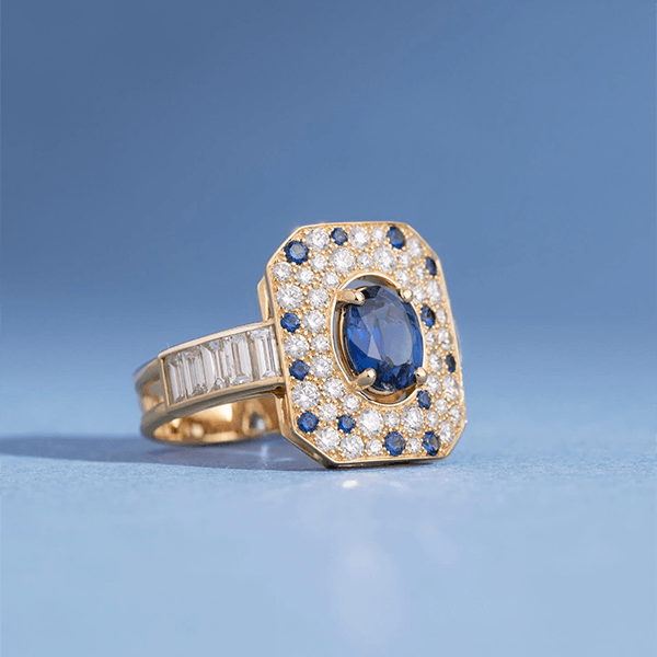 Yellow Gold Pave Setting Halo Oval Cut Blue & White Sapphire Engagement Ring