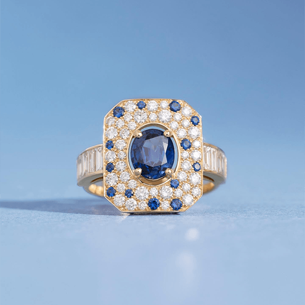 Yellow Gold Pave Setting Halo Oval Cut Blue & White Sapphire Engagement Ring