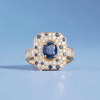 Yellow Gold Pave Setting Halo Oval Cut Blue & White Sapphire Engagement Ring