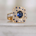 Yellow Gold Pave Setting Halo Oval Cut Blue & White Sapphire Engagement Ring