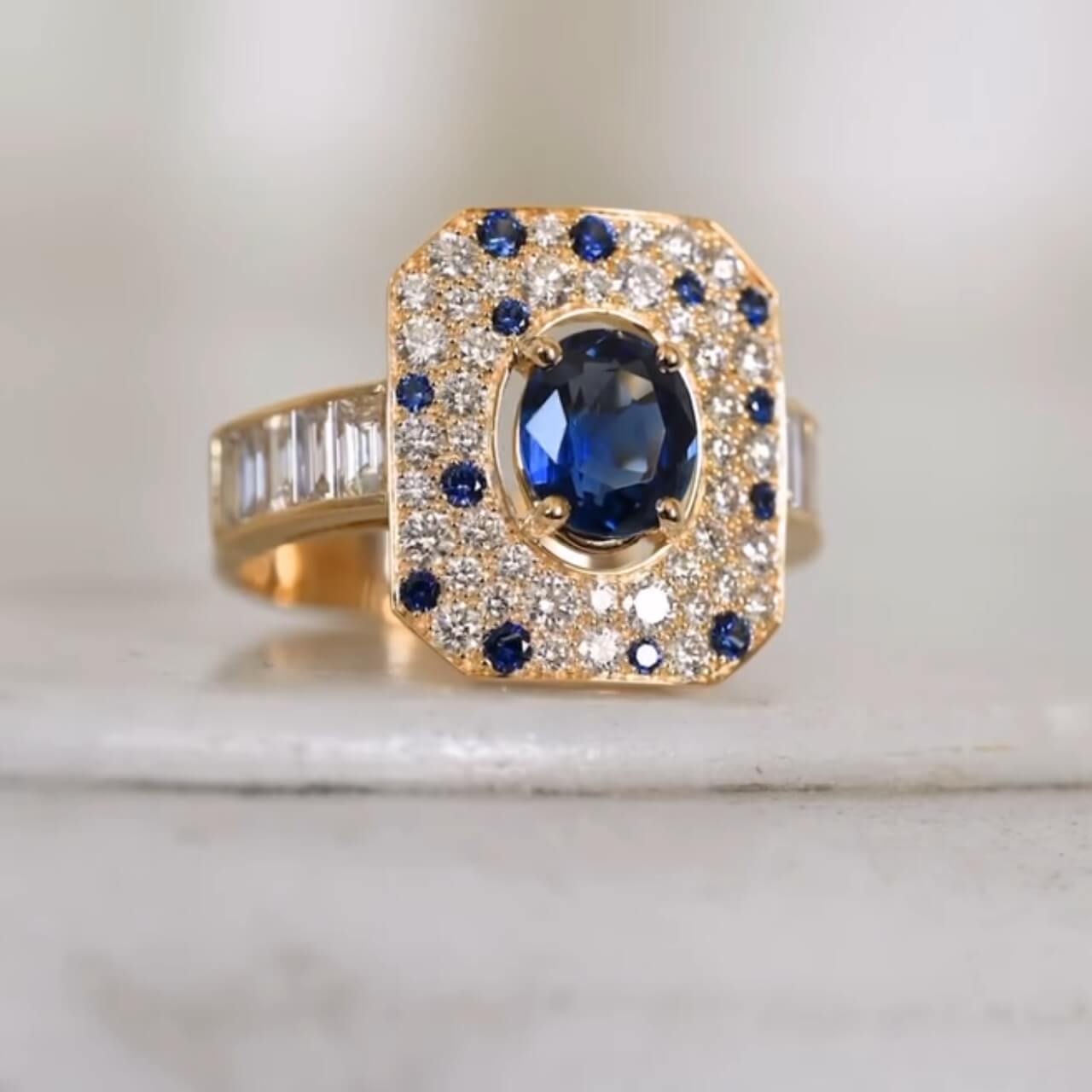 Yellow Gold Pave Setting Halo Oval Cut Blue & White Sapphire Engagement Ring