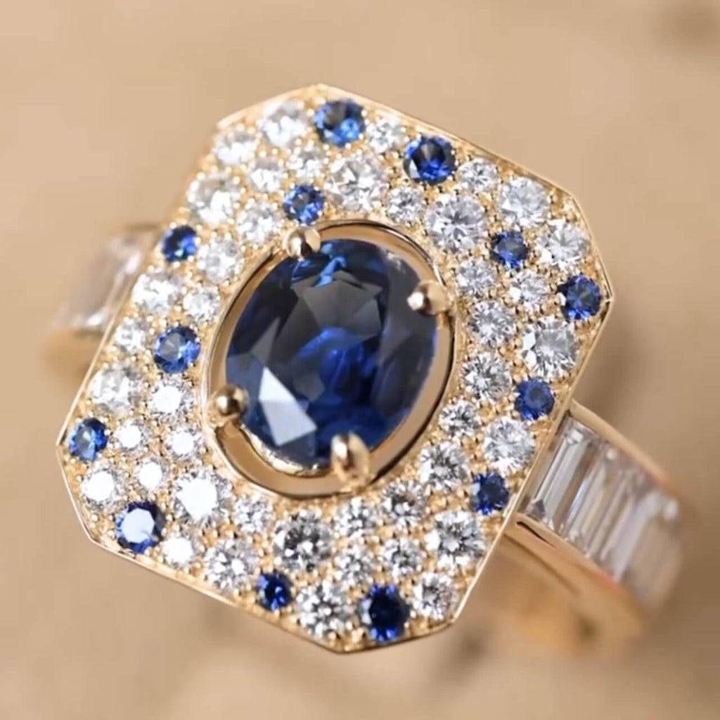 Yellow Gold Pave Setting Halo Oval Cut Blue & White Sapphire Engagement Ring