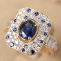 Yellow Gold Pave Setting Halo Oval Cut Blue & White Sapphire Engagement Ring