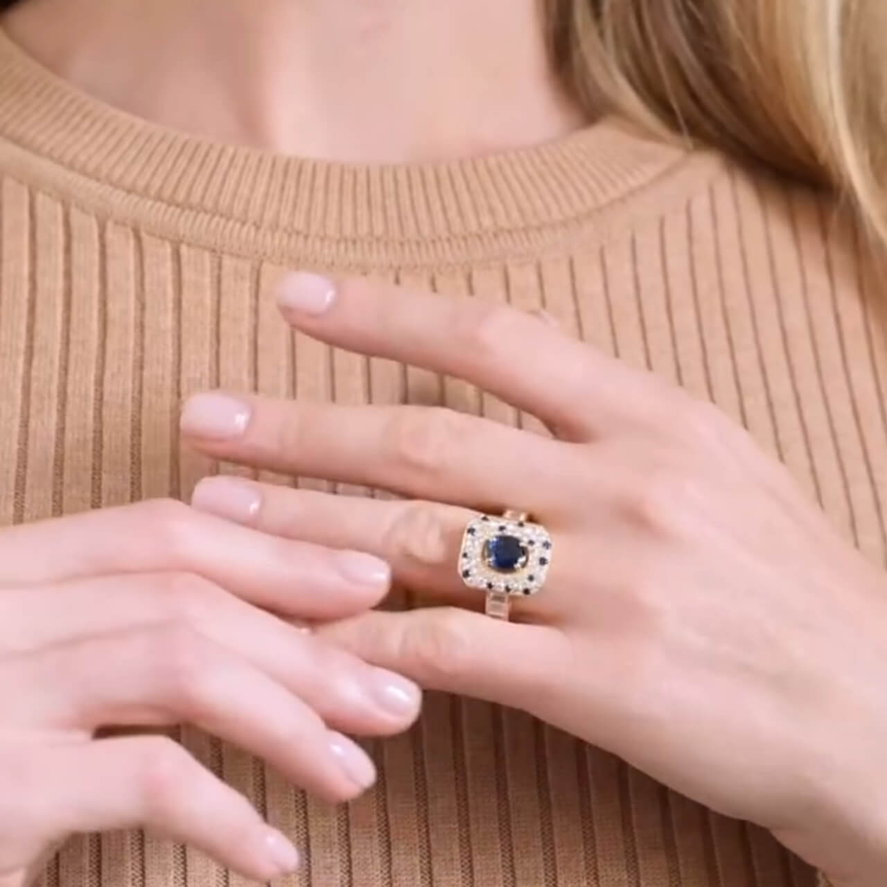 Yellow Gold Pave Setting Halo Oval Cut Blue & White Sapphire Engagement Ring