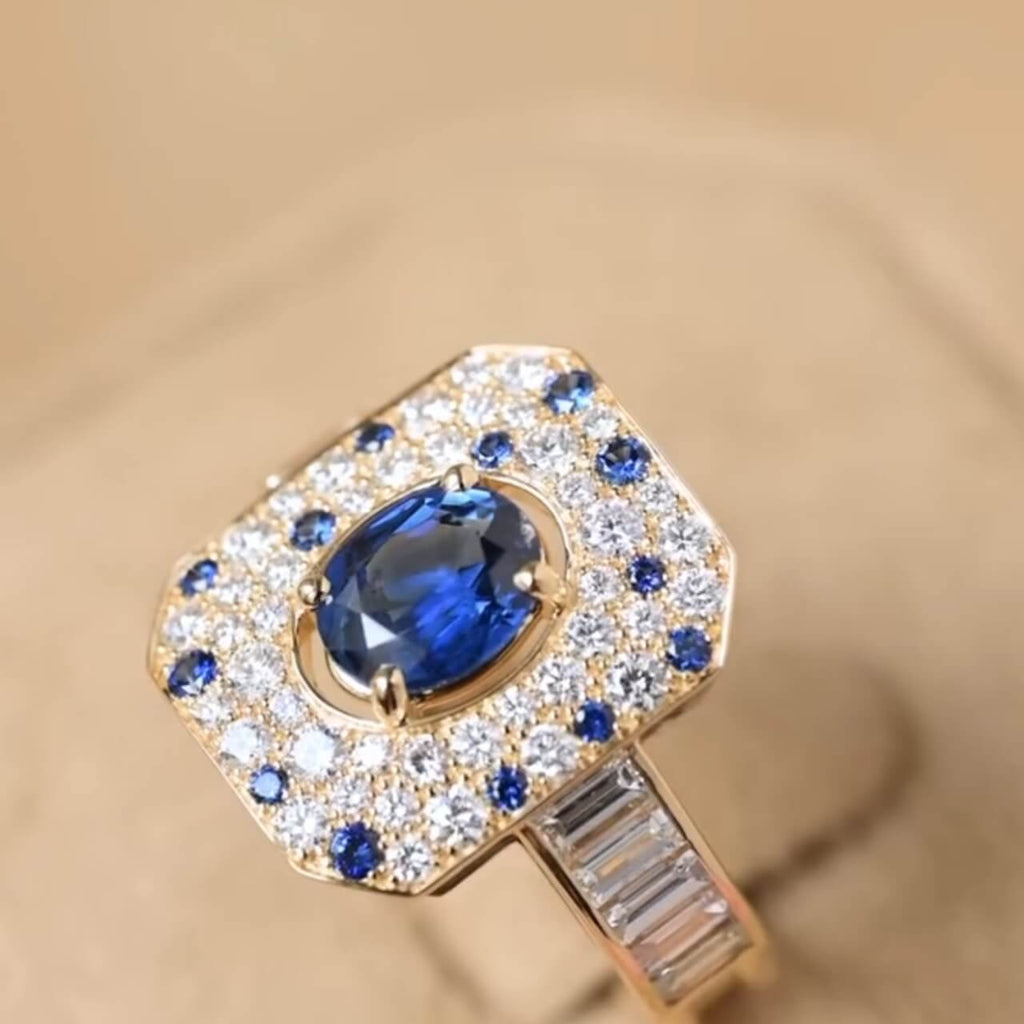 Yellow Gold Pave Setting Halo Oval Cut Blue & White Sapphire Engagement Ring