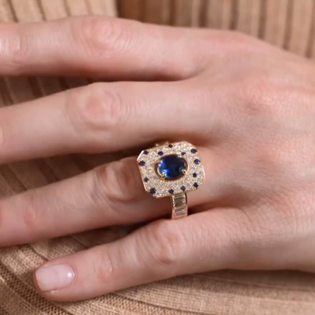 Yellow Gold Pave Setting Halo Oval Cut Blue & White Sapphire Engagement Ring