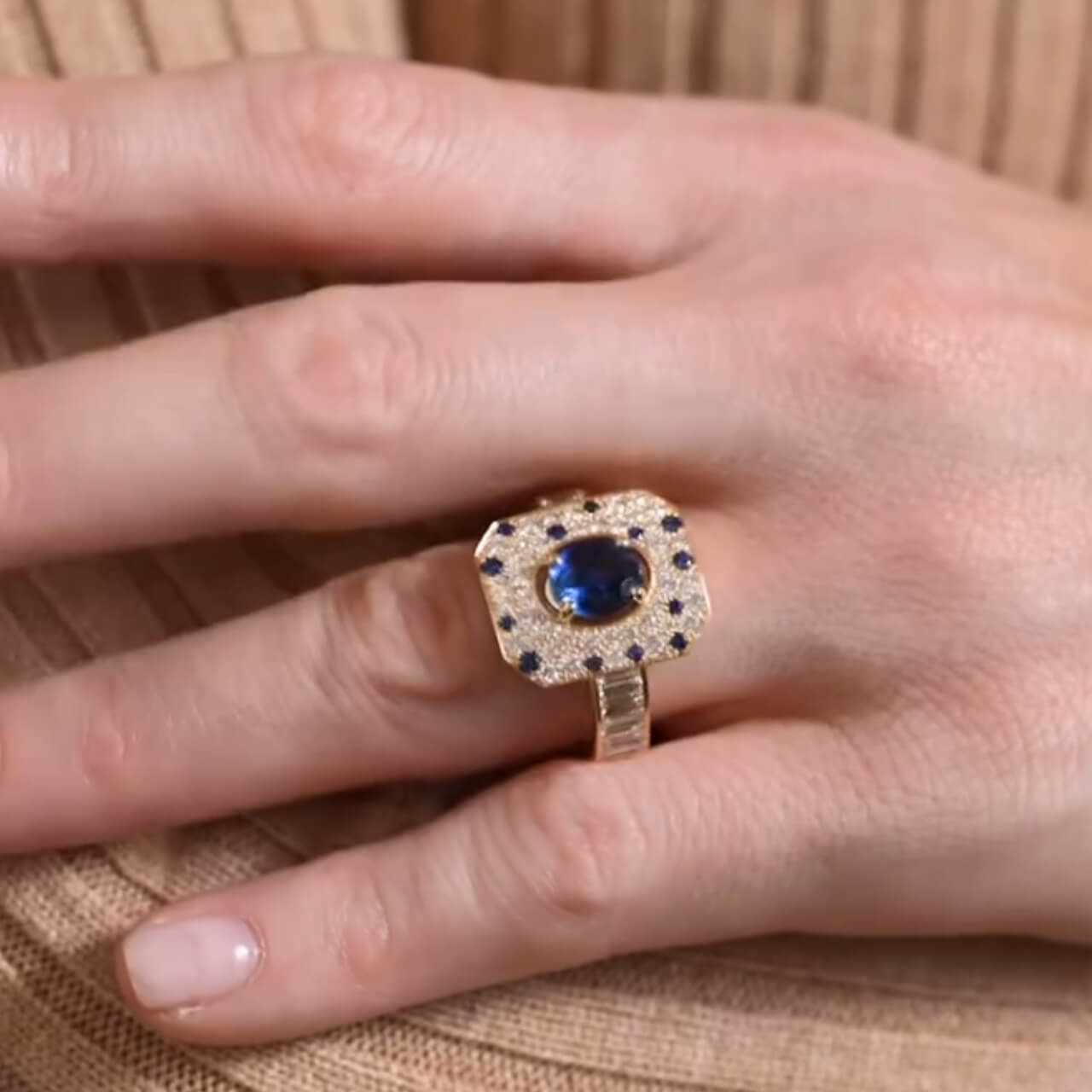 Yellow Gold Pave Setting Halo Oval Cut Blue & White Sapphire Engagement Ring