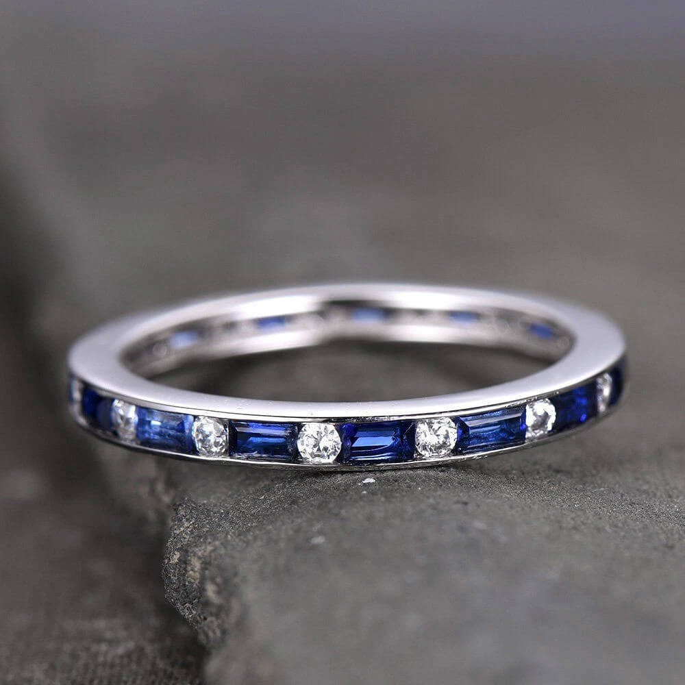 Classic Channel Setting Baguette Cut Blue & White Sapphire Eternity Wedding Band For Women