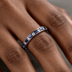 Classic Channel Setting Baguette Cut Blue & White Sapphire Half Eternity Wedding Band For Women