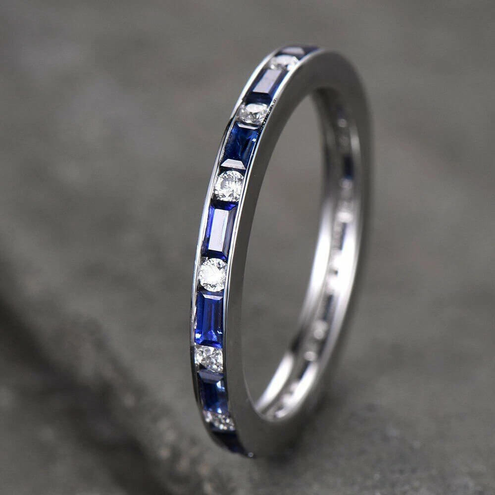 Classic Channel Setting Baguette Cut Blue & White Sapphire Eternity Wedding Band For Women