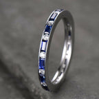 Classic Channel Setting Baguette Cut Blue & White Sapphire Eternity Wedding Band For Women