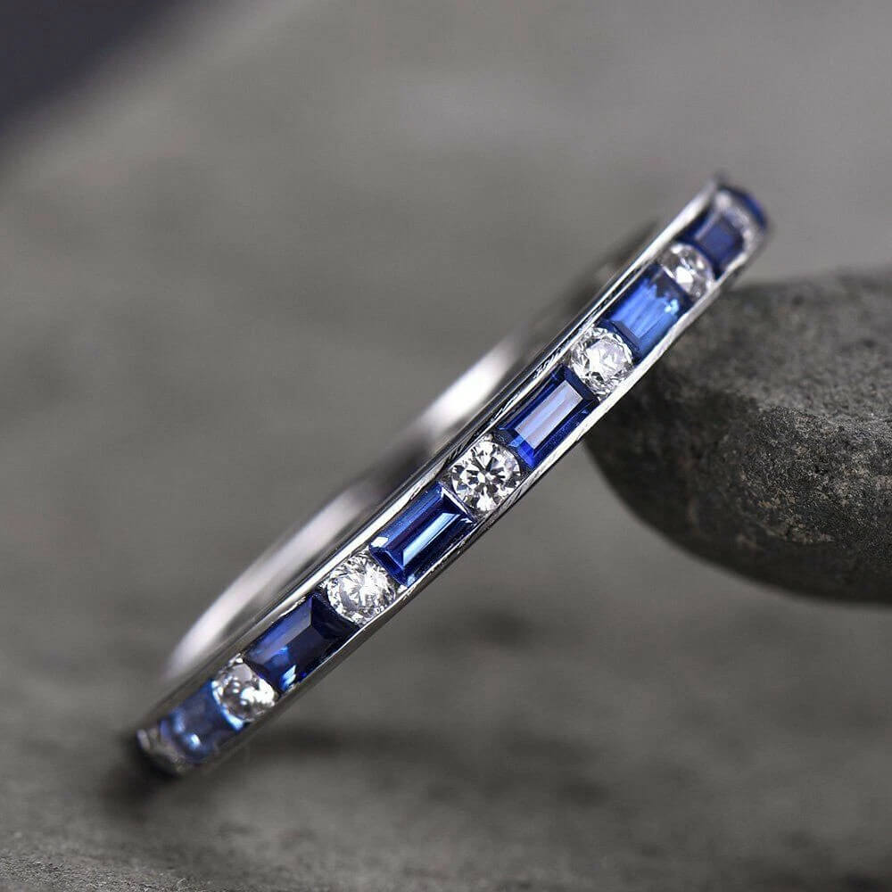 Classic Channel Setting Baguette Cut Blue & White Sapphire Eternity Wedding Band For Women