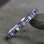 Classic Channel Setting Baguette Cut Blue & White Sapphire Eternity Wedding Band For Women