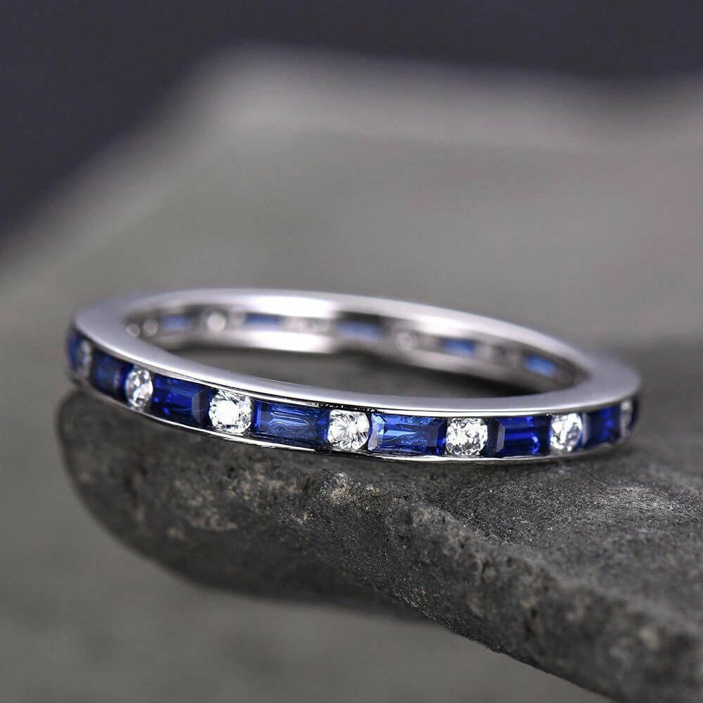 Classic Channel Setting Baguette Cut Blue & White Sapphire Eternity Wedding Band For Women