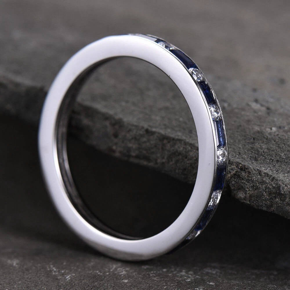 Classic Channel Setting Baguette Cut Blue & White Sapphire Eternity Wedding Band For Women