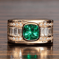 Yellow Gold Art Deco Half Bezel Cushion Cut Emerald Sapphire Engagement Ring
