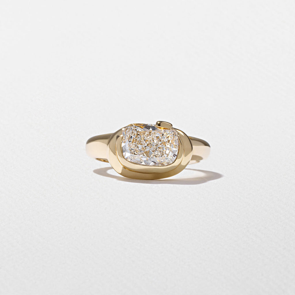 Unique Design Solitaire Yellow Gold Bezel Cushion Cut White Sapphire Engagement Ring