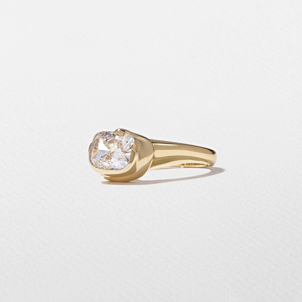 Unique Design Solitaire Yellow Gold Bezel Cushion Cut White Sapphire Engagement Ring