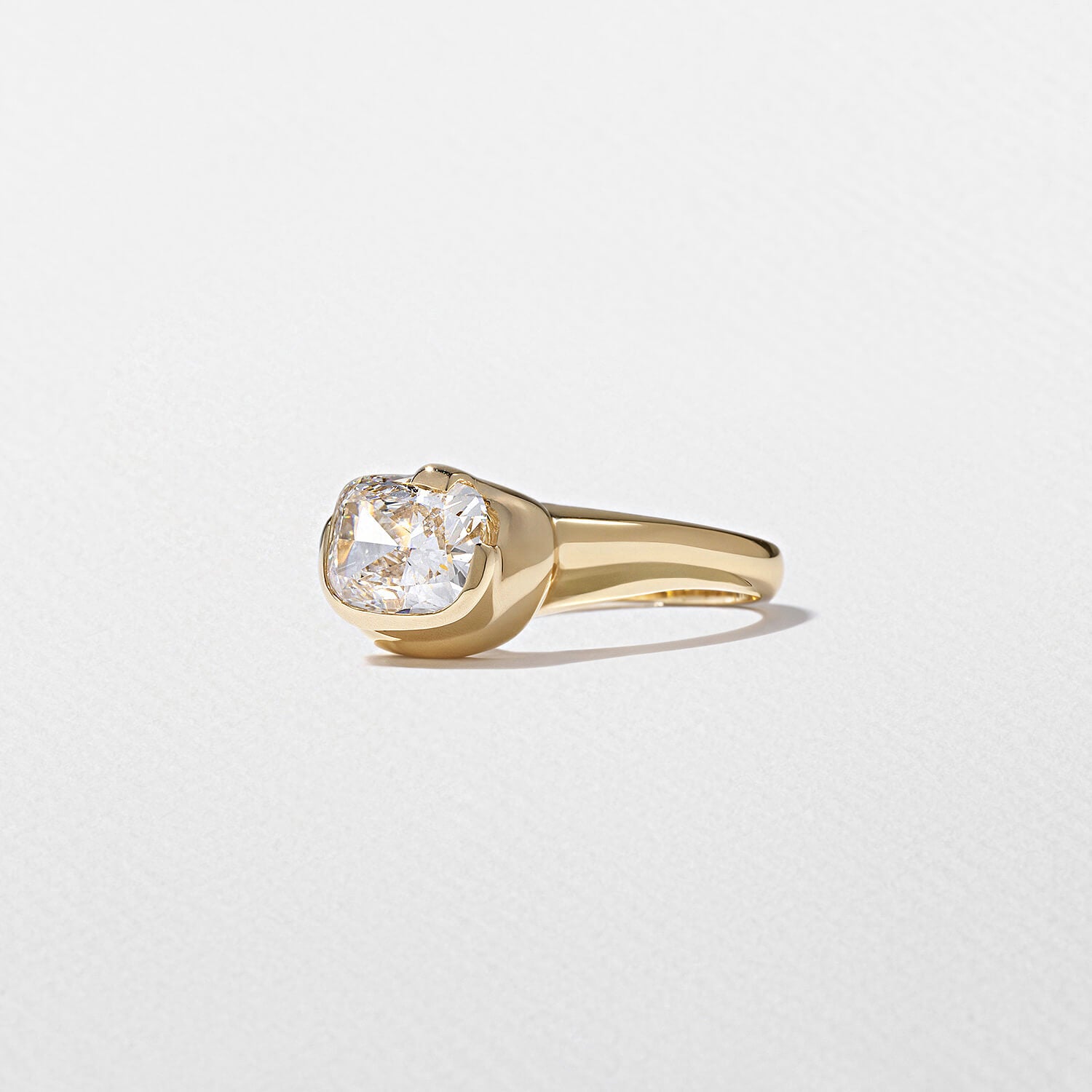 Unique Design Solitaire Yellow Gold Bezel Cushion Cut White Sapphire Engagement Ring
