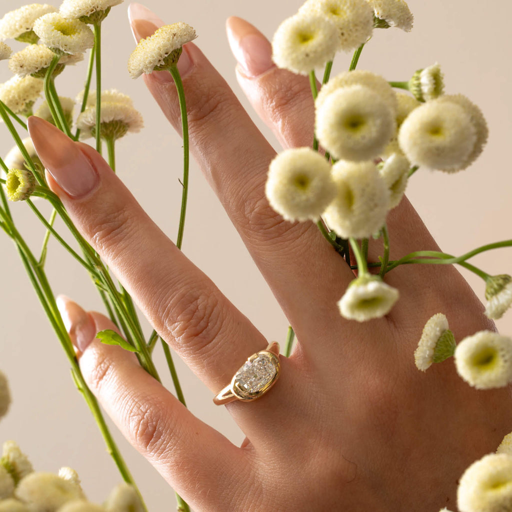Unique Design Solitaire Yellow Gold Bezel Cushion Cut White Sapphire Engagement Ring
