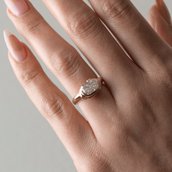 Unique Design Solitaire Yellow Gold Bezel Cushion Cut White Sapphire Engagement Ring