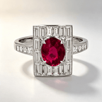 Vintage Art Deco Halo Oval & Baguette Cut Ruby & White Sapphire Engagement ring