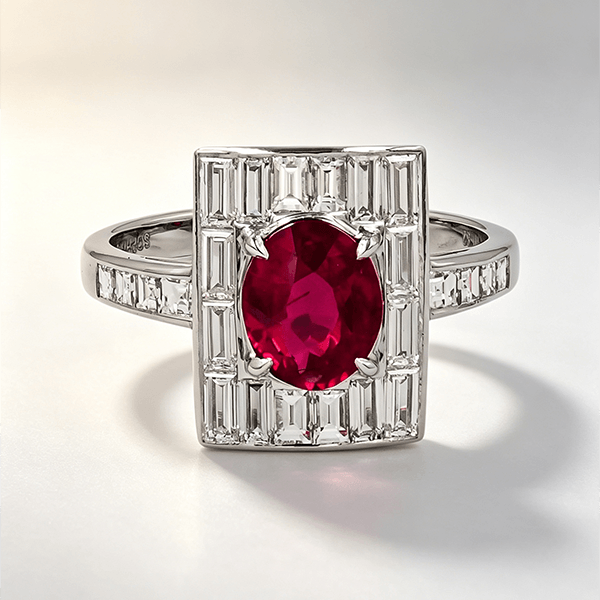 Vintage Art Deco Halo Oval & Baguette Cut Ruby & White Sapphire Engagement ring