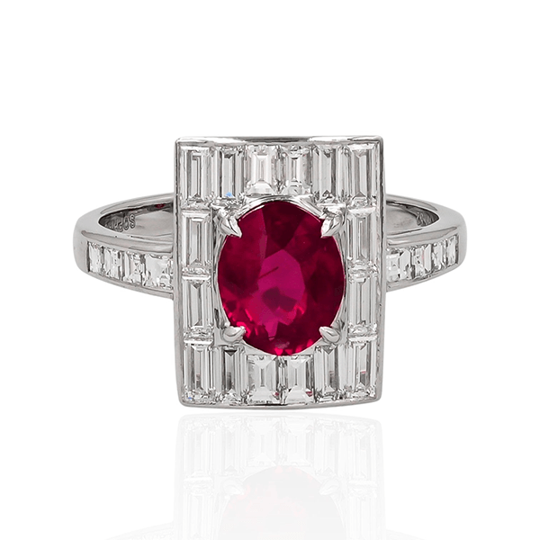 Vintage Art Deco Halo Oval & Baguette Cut Ruby & White Sapphire Engagement ring