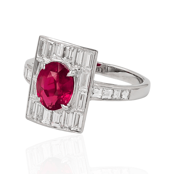 Vintage Art Deco Halo Oval & Baguette Cut Ruby & White Sapphire Engagement ring