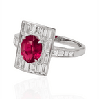 Vintage Art Deco Halo Oval & Baguette Cut Ruby & White Sapphire Engagement ring