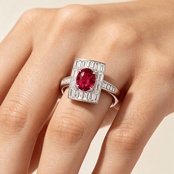 Vintage Art Deco Halo Oval & Baguette Cut Ruby & White Sapphire Engagement ring